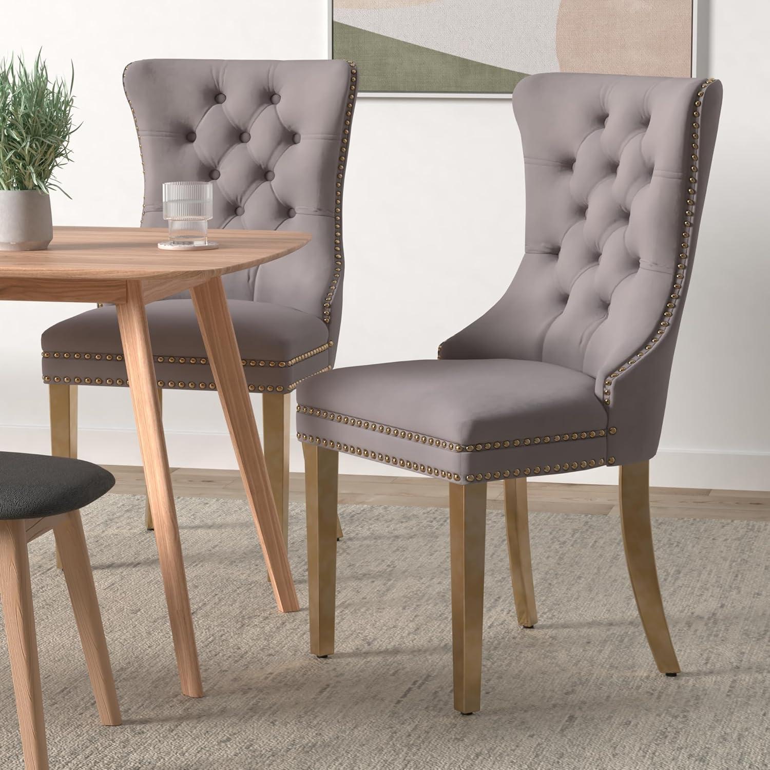 Grey Velvet Dining Chairs Set of 2, Upholstered Dining Room Chairs with Back Ring Pull Trim and Golden Stainless Steel Legs,Modern Kitchen Chairs for Dining Room,Living Room,Kitchen(Grey)