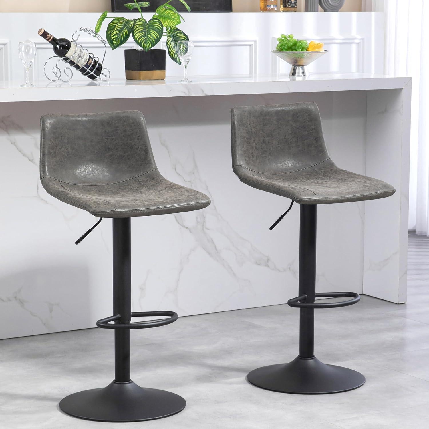 Adjustable Gray Leather Swivel Bar Stools with Metal Base, Set of 2