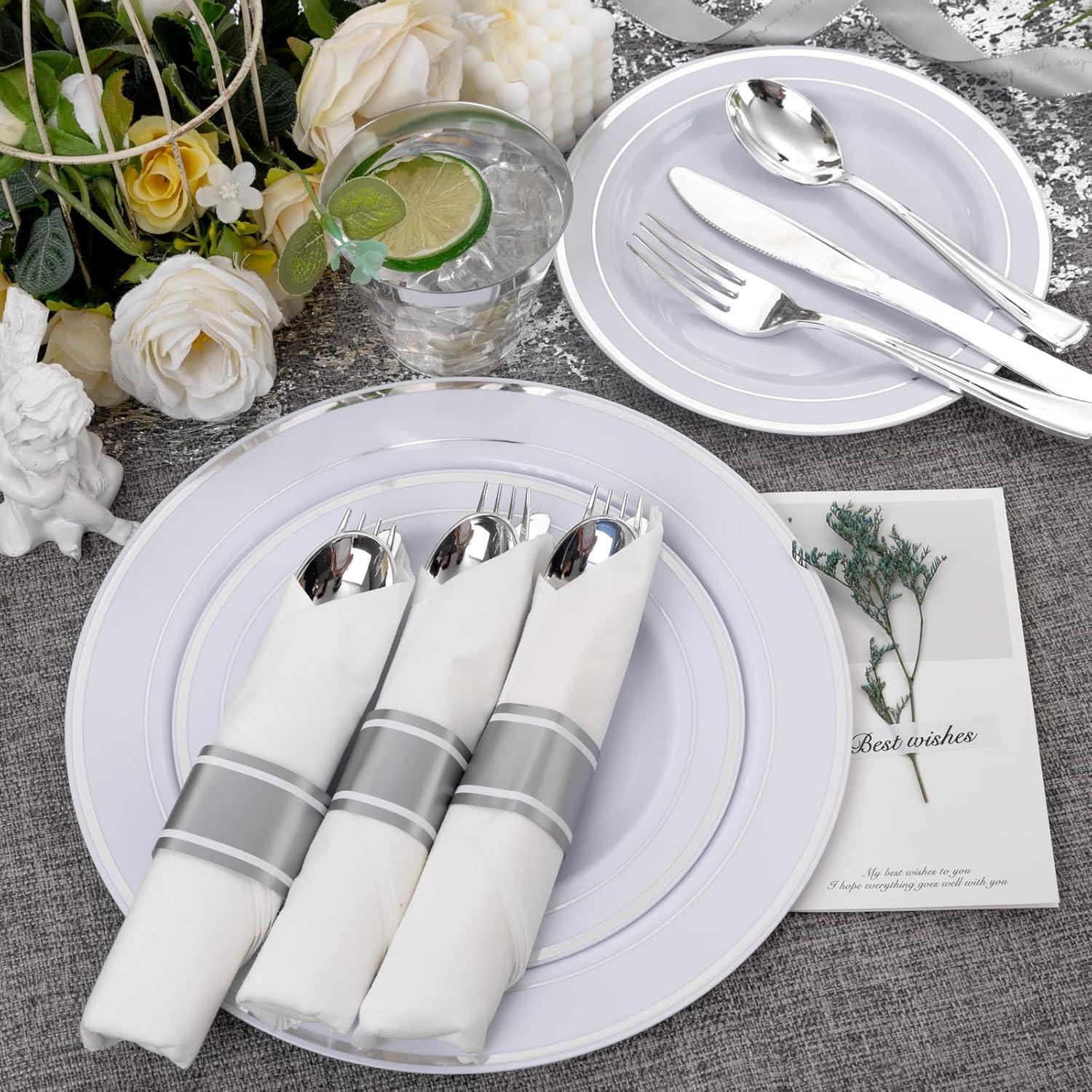 Elegant Silver Rimmed Disposable Plastic Dinnerware Set, 350 Pieces