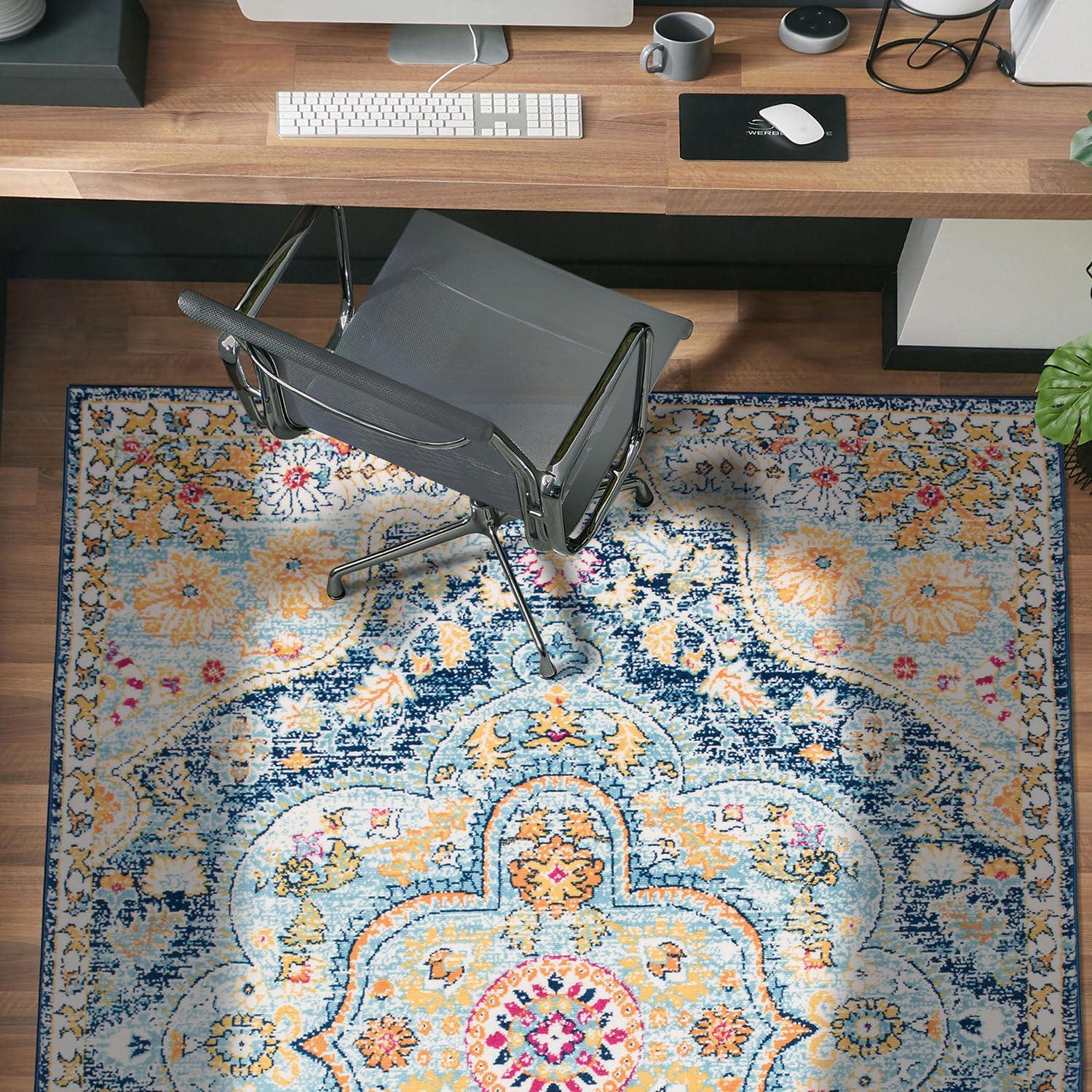 World Rug Gallery Distressed Vintage Bohemian Navy 5' x 7' Area Rug:  Medallion Pattern,  Pet Friendly,  Stain-Resistant,  Low Pile