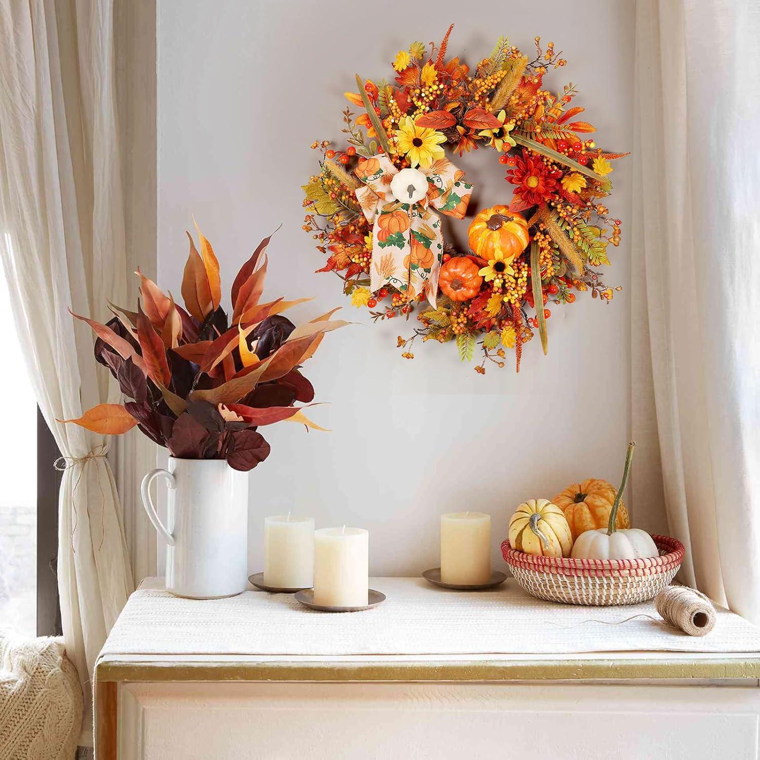 Fall Wreath 20’’ Autumn Front Door Wreath Harvest Wreath with Sunflower Pumpkins Berries Maple Leaves Daisies for Outside Indoor Home Wall Festival Thanksgiving Autumn Farmhouse Decor