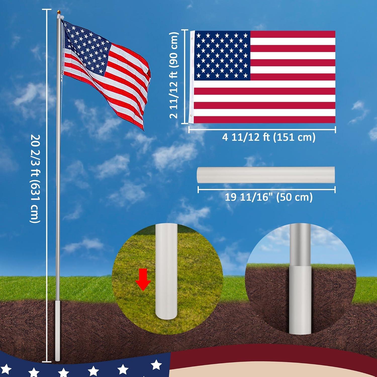 Yescom Bravery 20 Ft Aluminum Sectional Flagpole Kit 3'x5' US Flag Gold Ball Kit Hardware Outdoor Garden Halyard Pole