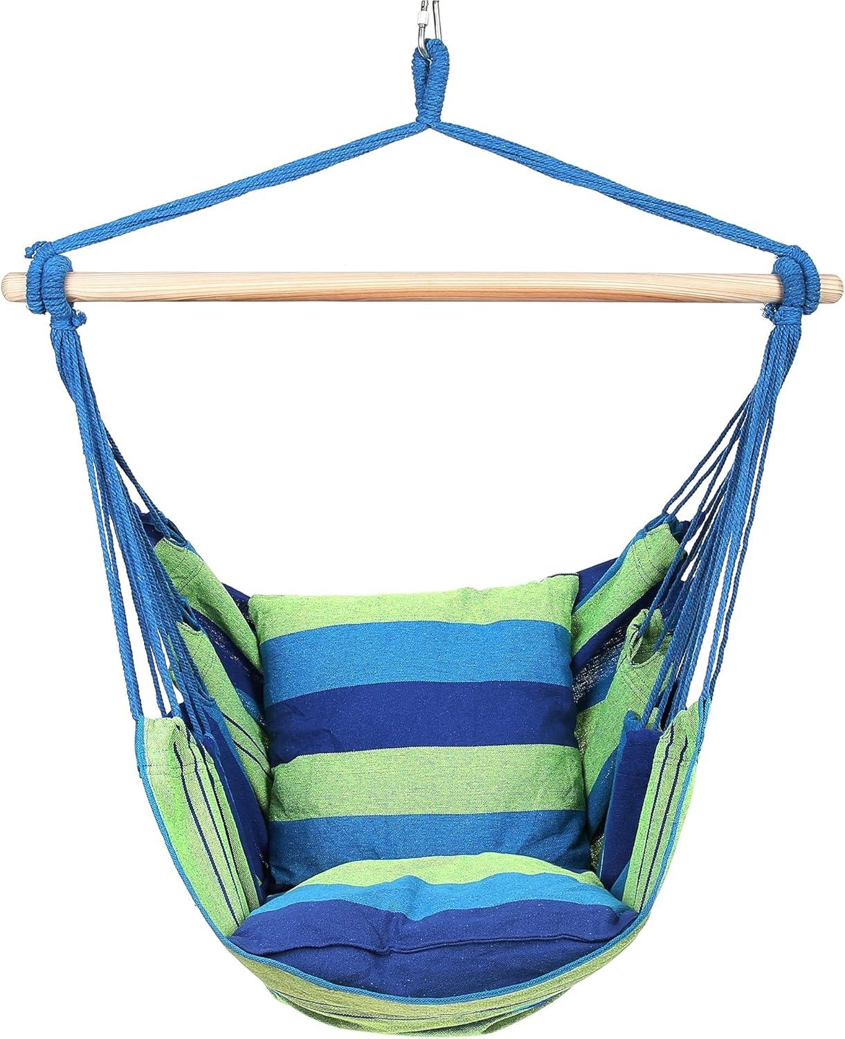 Blissun Hanging Hammock Chair, Hanging Swing Chair with Two Cushions, 34 Inch Wide Seat Blue & Green Stripes (Seaside Stripe)