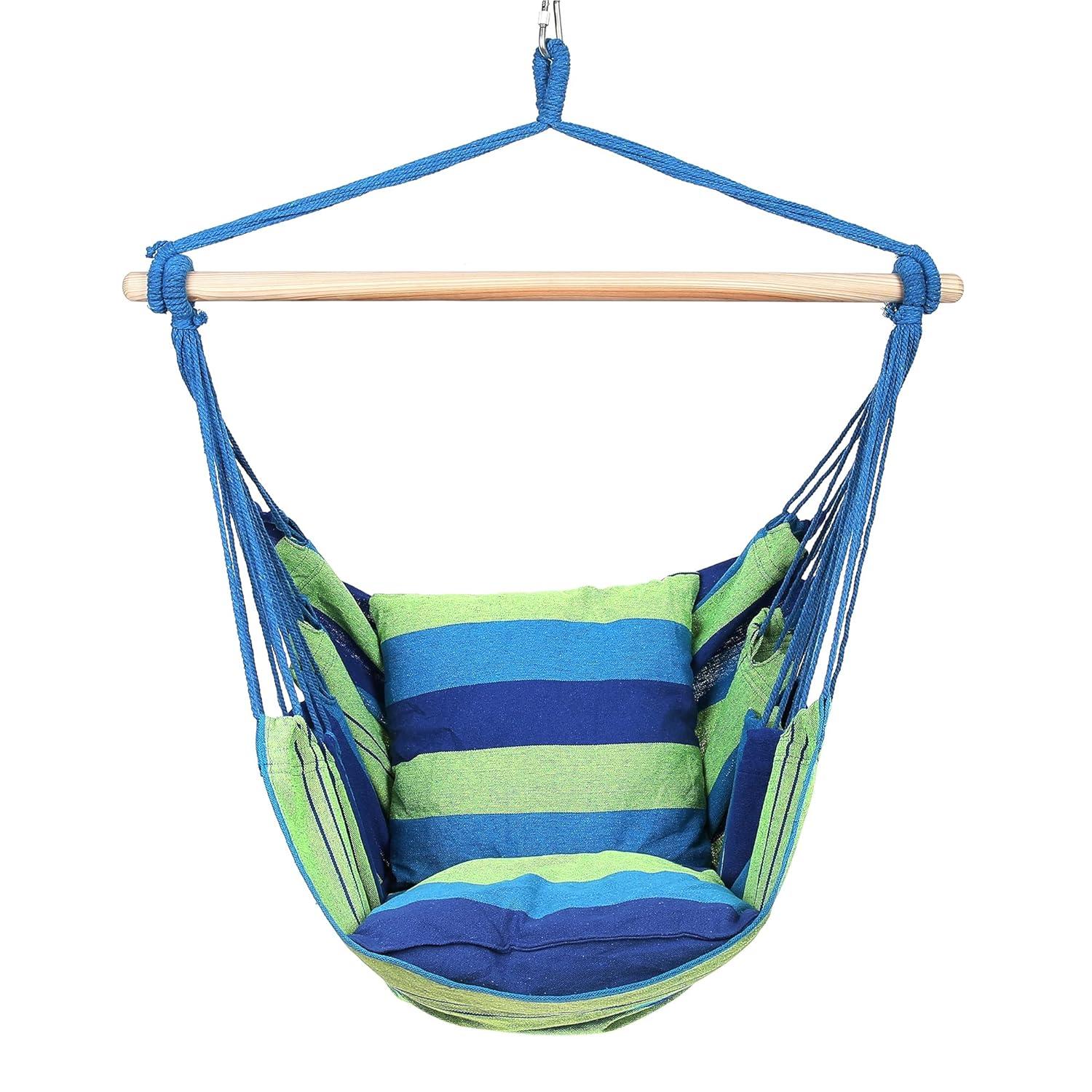 Blissun Hanging Hammock Chair, Hanging Swing Chair with Two Cushions, 34 Inch Wide Seat Blue & Green Stripes (Seaside Stripe)