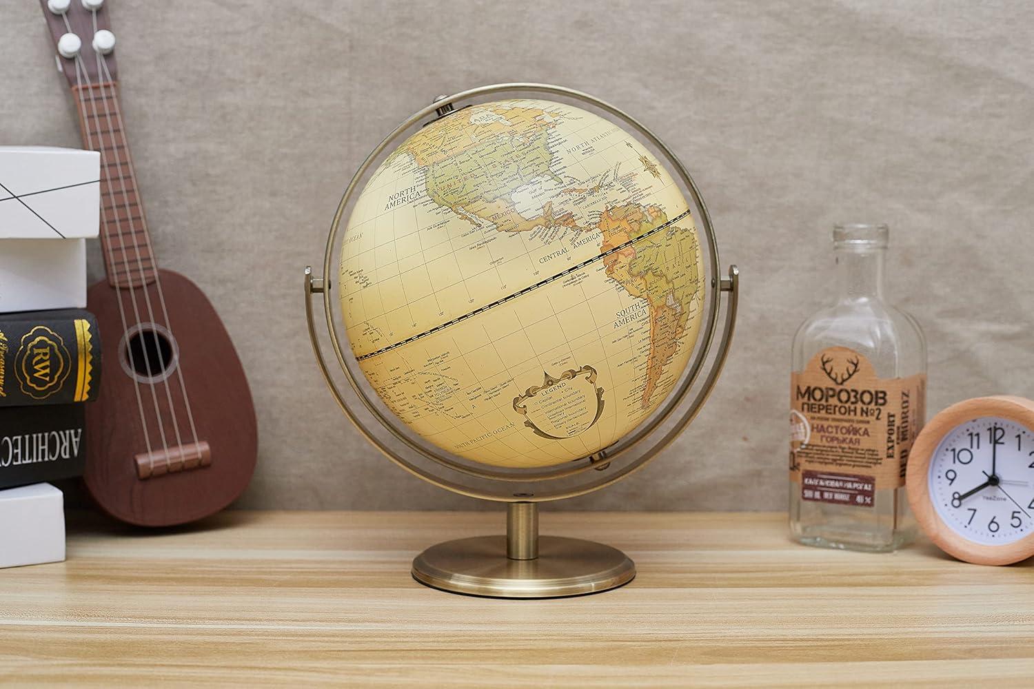 8-Inch Antique World Globe with Bronze Metal Base