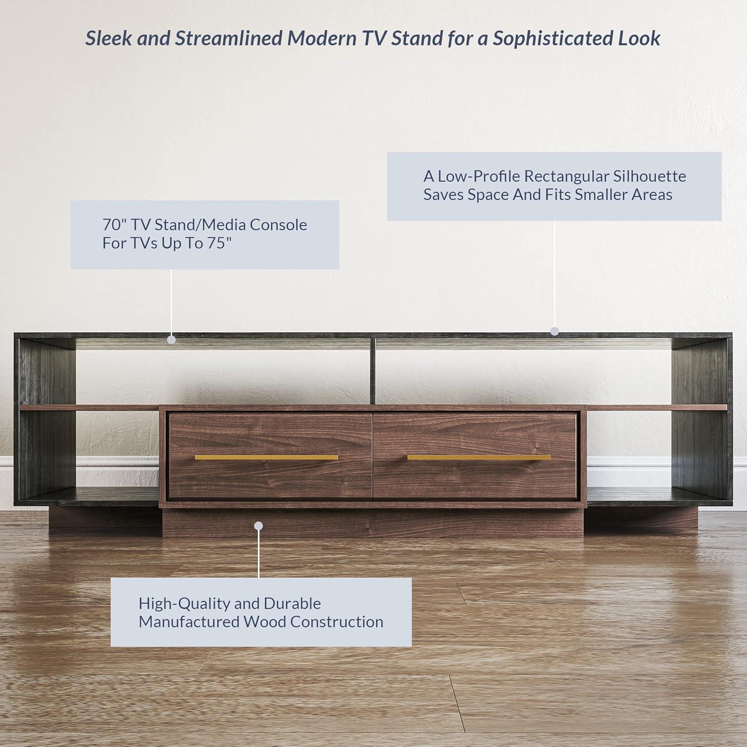 BELLEZE 70" Mid-Century Modern TV Stand with Open Shelves and Drawers, Entertainment or Media Console for TVs Up to 75" - Kamari (Dark Walnut)