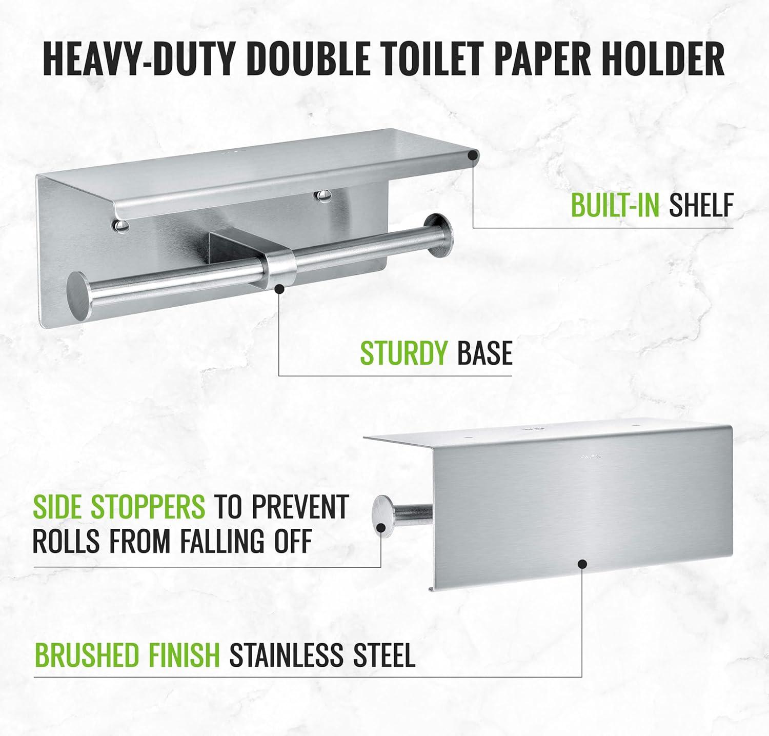 Brushed Stainless Steel Dual Roll Toilet Paper Holder with Shelf