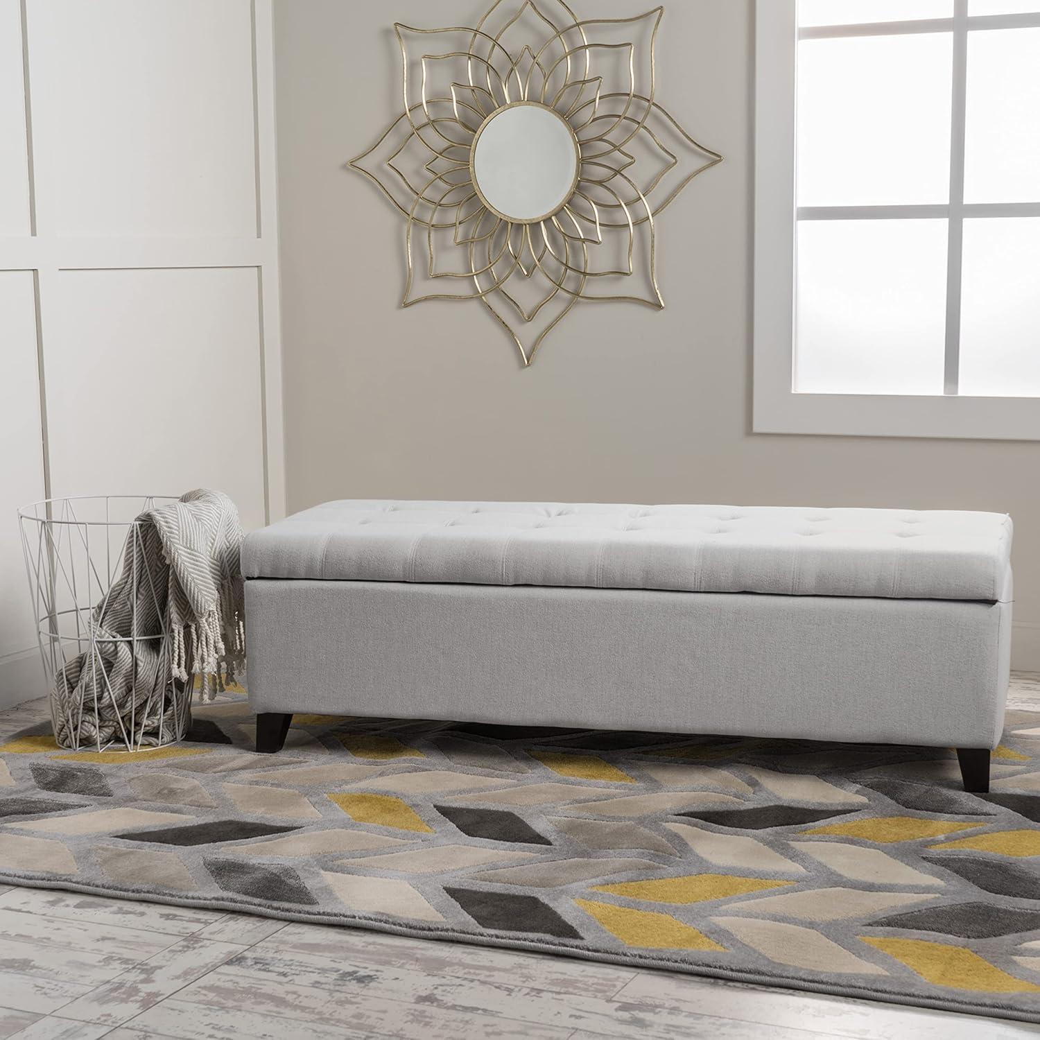 Light Grey Smooth Fabric Tufted Storage Ottoman Bench