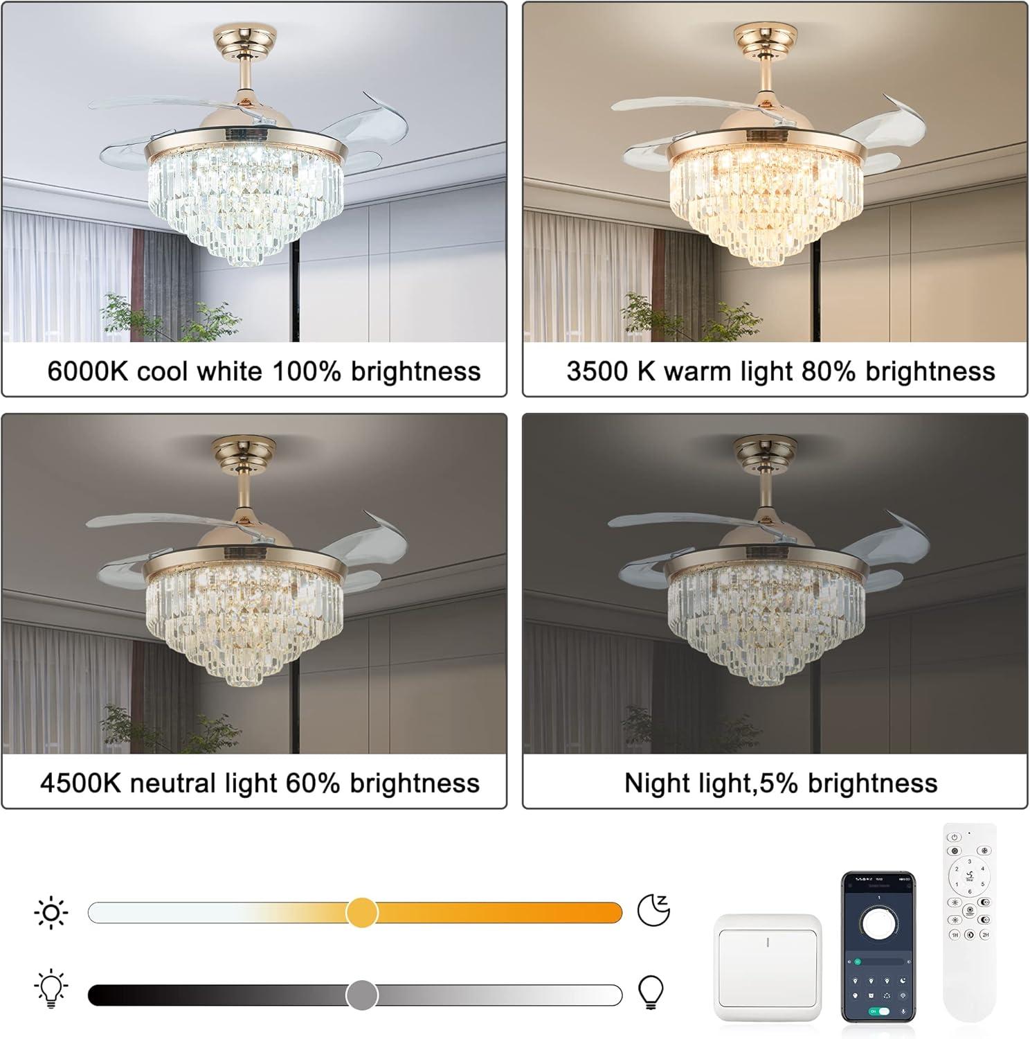 HOOMEDELIER 42" Chandelier Ceiling Fan with Remote, Crystal Beads Framed Fan with 4 Retractable Blades Smart Indoor Fandelier Fan