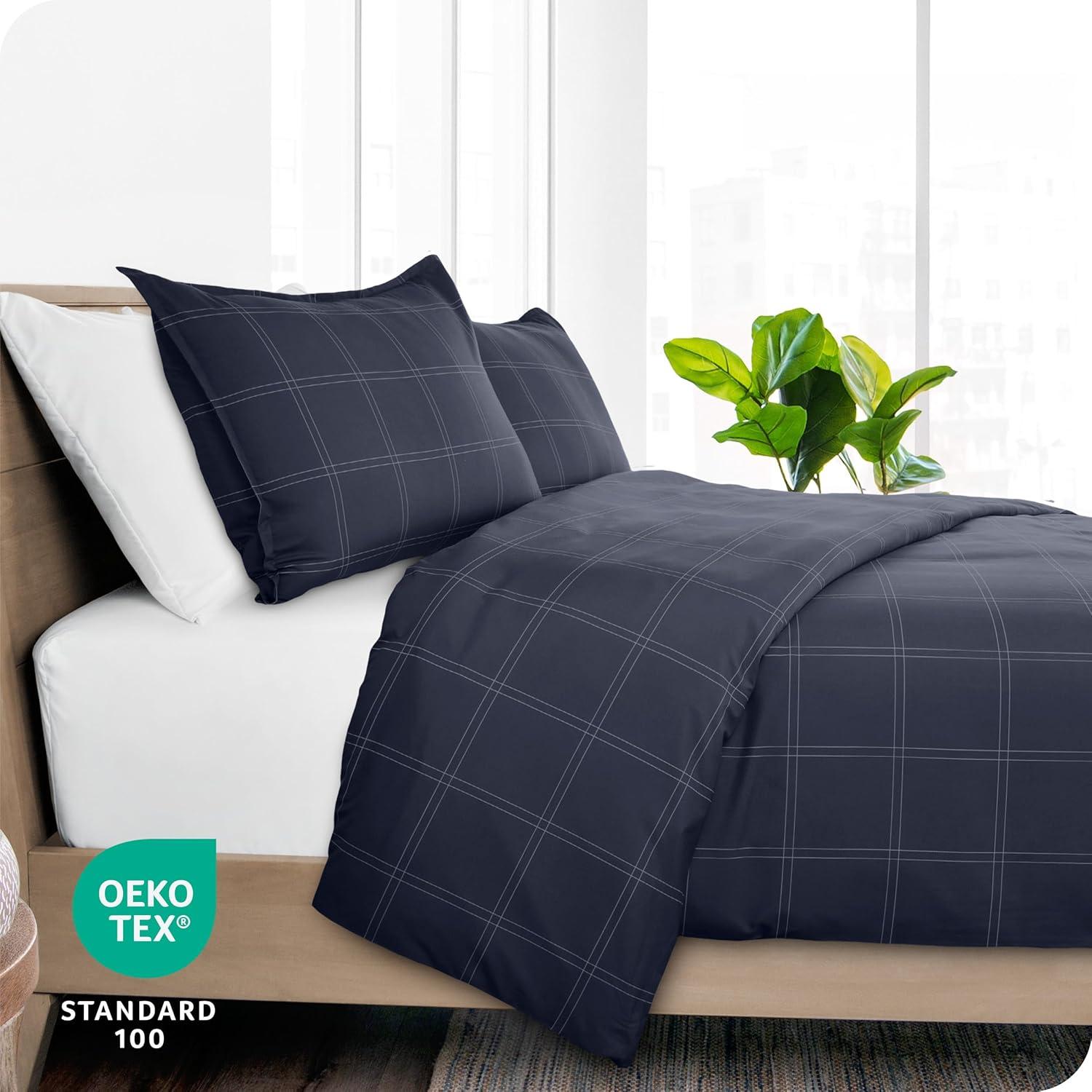 King/Cal King Modern Plaid - Midnight Blue/White Double Brushed Duvet Set by Bare Home