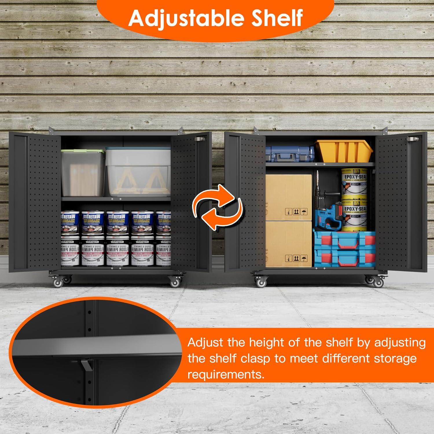 AOBABO 72 Inch Locking Metal Garage Home Office Storage Cabinet with Universal Rubber Wheels/Lockable Casters and Magnetic Doors, White