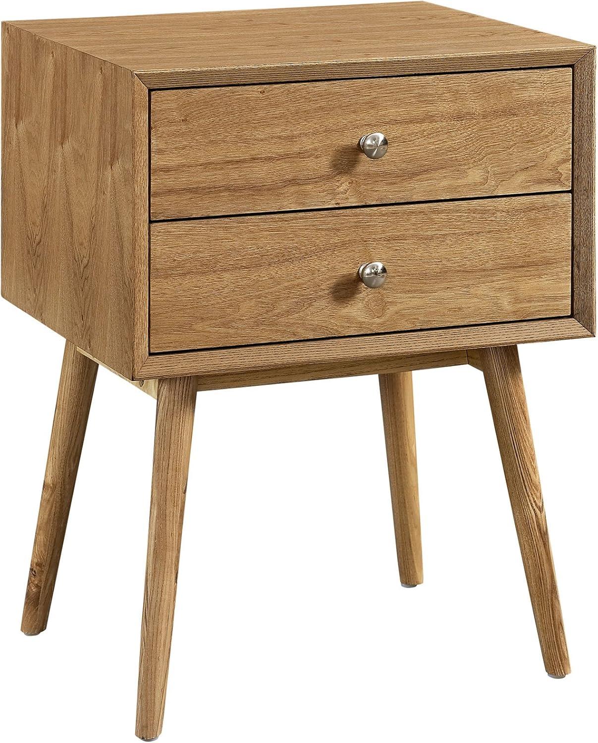 Mid-Century Modern Natural 2-Drawer Nightstand with Polished Metal Knobs