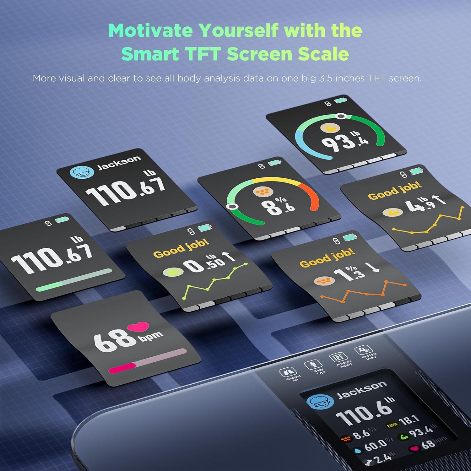 Runstar Smart Scale for Body Weight and Fat Percentage FSA HSA Eligible, 3.5" TFT Color Display High Precision Digital Bathroom Scale BMI Heart Rate 22 Body Composition Analyzer Sync with Fitness App
