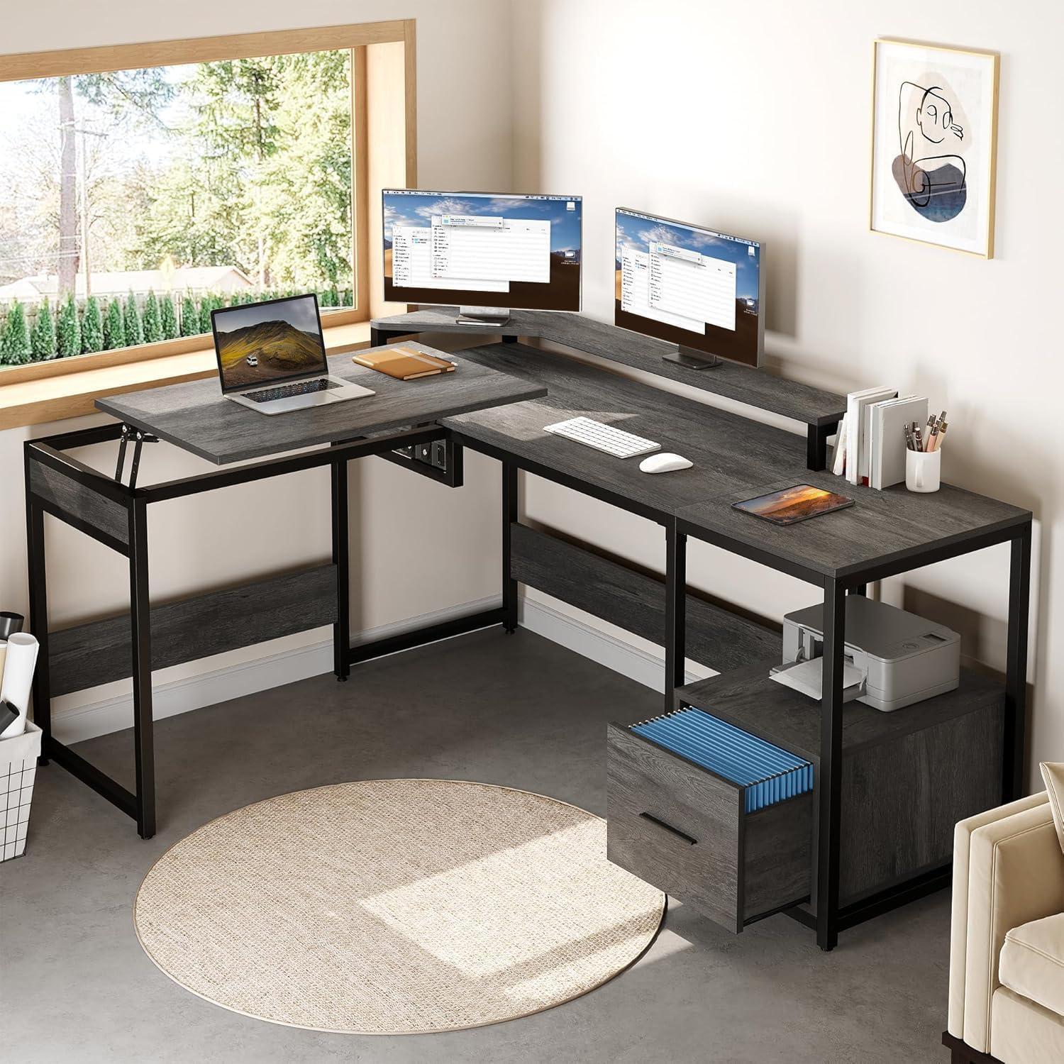 L Shaped Computer Desk with File Drawer, 65" L Shaped Desk with Monitor Stand, Height Adjustable Standing Desk , Gray