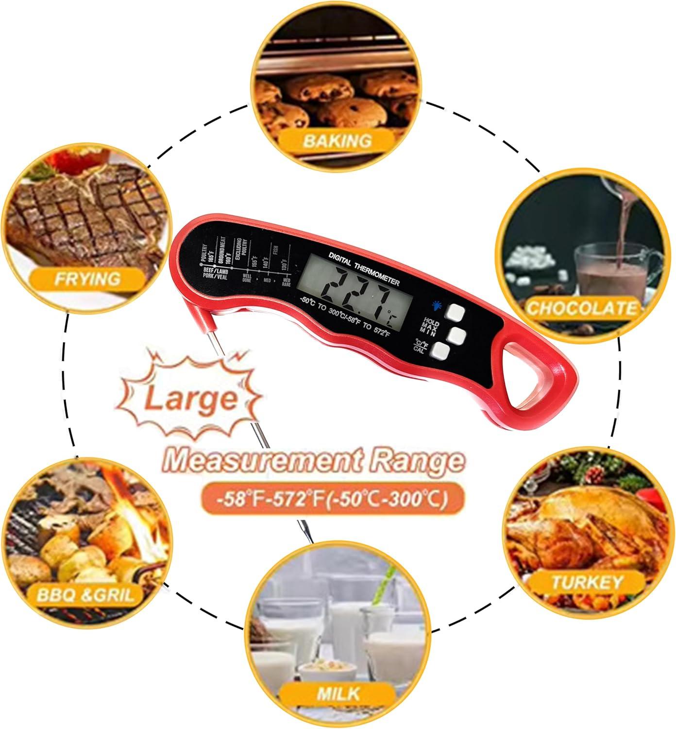 Digital Meat Thermometer for Grill/Cooking Fast Instant Read Waterproof Magnetic Probe Thermometer w/Backlight and Display for Kitchen, BBQ, Frying, etc. Chicken, Steak,or Burgers, Red