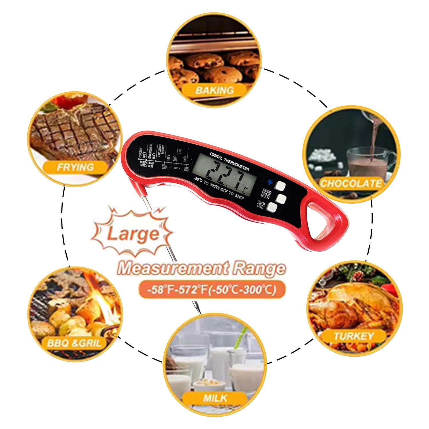 Digital Meat Thermometer for Grill/Cooking Fast Instant Read Waterproof Magnetic Probe Thermometer w/Backlight and Display for Kitchen, BBQ, Frying, etc. Chicken, Steak,or Burgers, Red