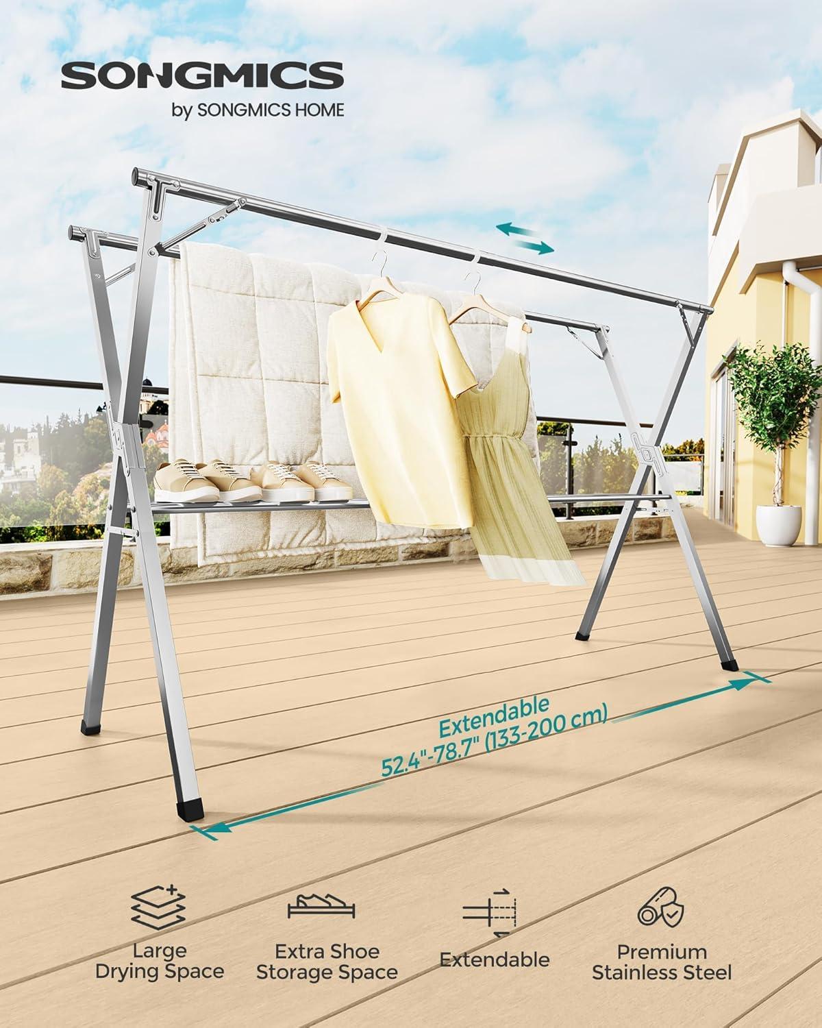 Clothes Drying Rack, Heavy-Duty Laundry Drying Rack, 52.4-78.7 Inches Extendable, Foldable Freestanding Airer, Stainless Steel, for Indoor Outdoor Use, Dove Gray ULLR902E01