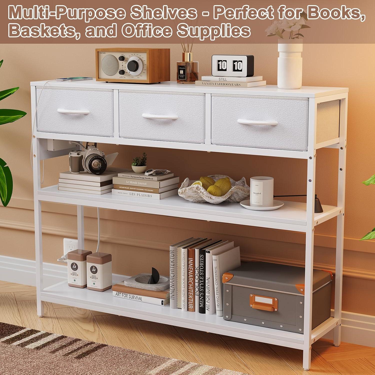 39.5 inch Entryway Table with Power Outlets, Console Table Sofa Table with 3 Drawers and 2-Tier Shelves, Entry Table for Hallway, Foyer, Living Room, White