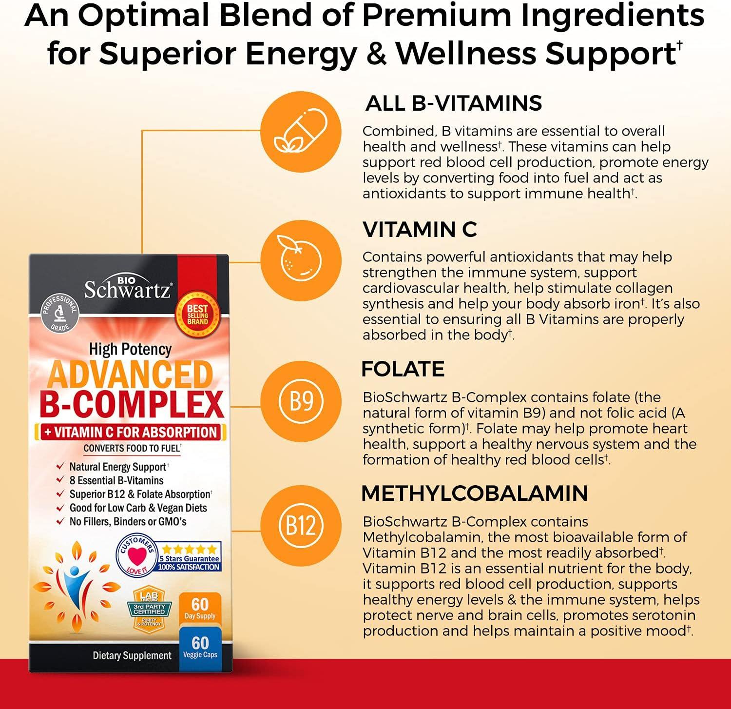 Advanced B-Complex Capsules, Low Carb & Vegan Diet Support, Bioschwartz, 60ct