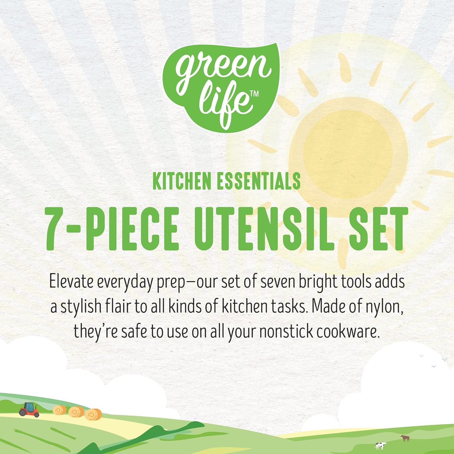 GreenLife Cooking Tools and Utensils, 7 Piece Nylon Set including Spatulas Turner Spoons and Tongs, Dishwasher Safe, Bright Pink