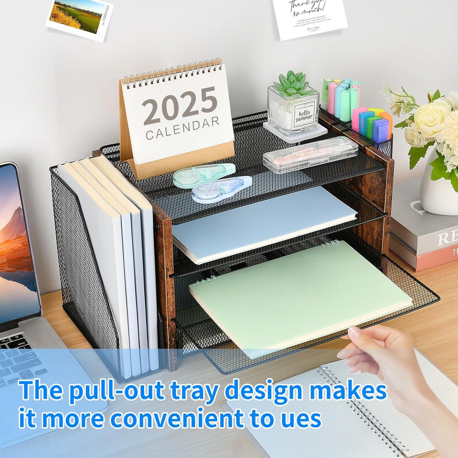 Desk Organizer and Accessories, 4-Tier Desktop File Organizer with Drawer and 2 Pen Holders, Office Desk Accessories for Office Supplies(Black)