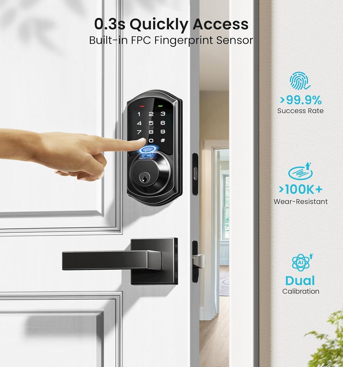Veise VE07-L Fingerprint Smart Locks for Front Door with 2 Lever Handle Set, App Control, Keyless Entry, Electronic Digital Keypad Deadbolt, Auto Lock, Waterproof, Easy to Install, Matte Black