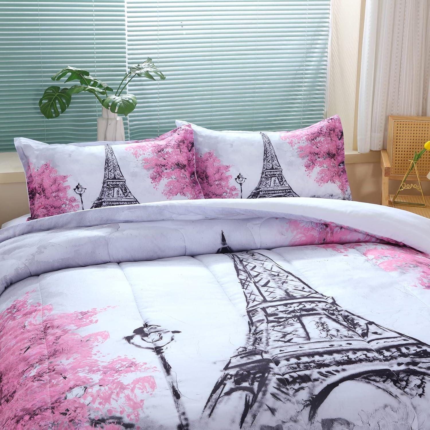 Suncloris Paris Style Comforter Set for Girls Teens, Queen Size France Eiffel Tower Bedroom Themed Bedding Comforter with 2 Romantic French Pink Flowers Patterned Pillowcases-90 x90(Queen, Grey)