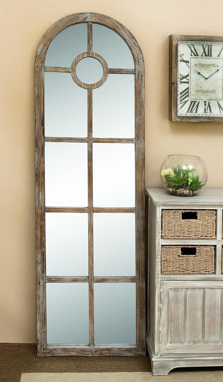 DecMode Contemporary Squre Wood Window Shaped Wall Mirror, 56"W x 44"H with Distressed Brass Colored Frame