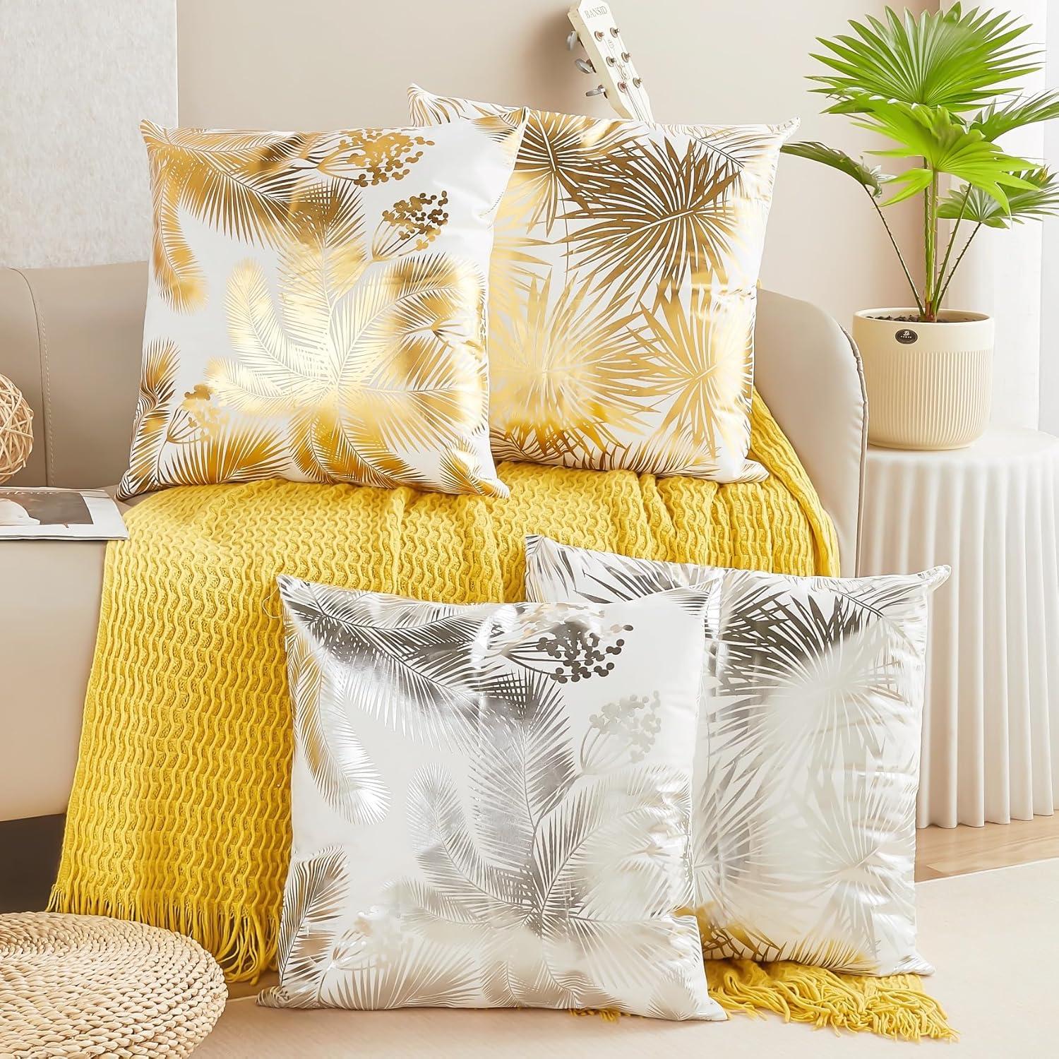 Pack of 4 Decorative Throw Pillow Case Cushion Cover Gold Stamping Leaves 18 x 18 inches 45 x 45 cm for Couch Bedroom Car