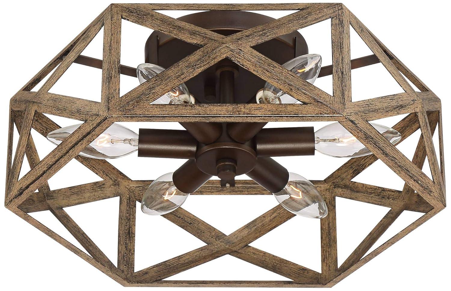 Possini Euro Design Moorcroft Modern Farmhouse Ceiling Light Semi Flush Mount Fixture 14 1/2" Wide Dark Wood Bronze 6-Light Hexagon Frame for Bedroom