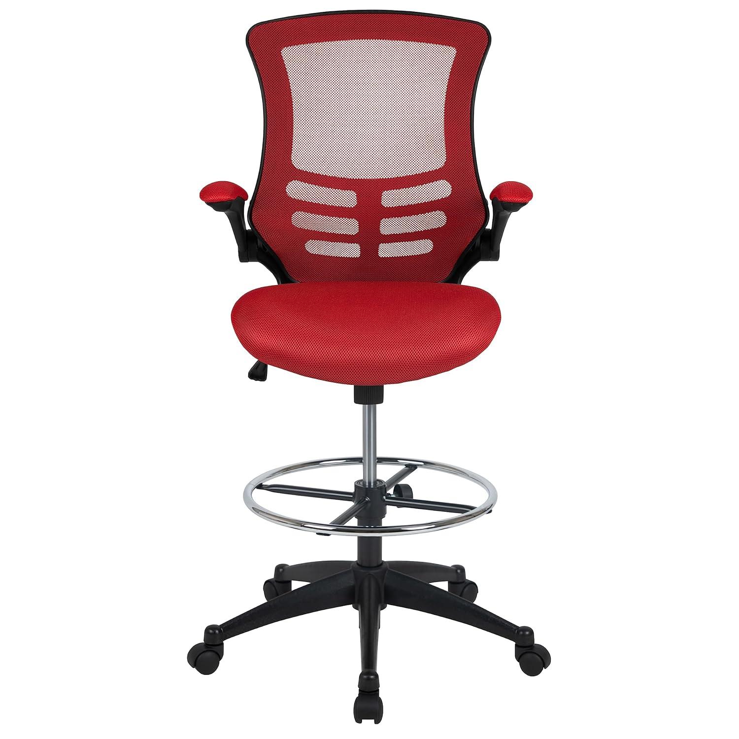 Emma and Oliver Mid-Back Red Mesh Ergonomic Drafting Chair with Foot Ring and Flip-Up Arms