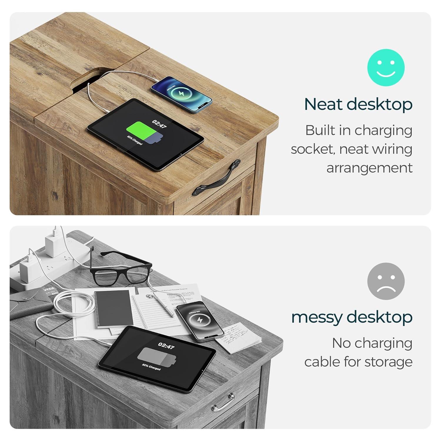 LINSY HOME End Table with Charging Station, Side Table for Bedroom with Drawer and Detachable Holder, Multiple Storage Space, Extra Storage & Display Space, Small Nightstand for Living Room,brown