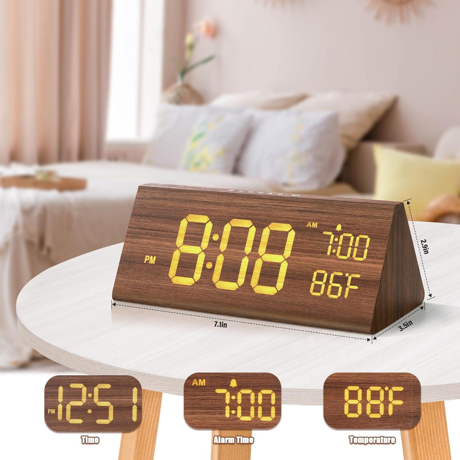 Digital Alarm Clock, with Wooden Electronic LED Time Display, Alarm Settings, Humidity & Temperature Detect, Wood Made Electric Clocks for Bedroom, Bedside,brown，G169865