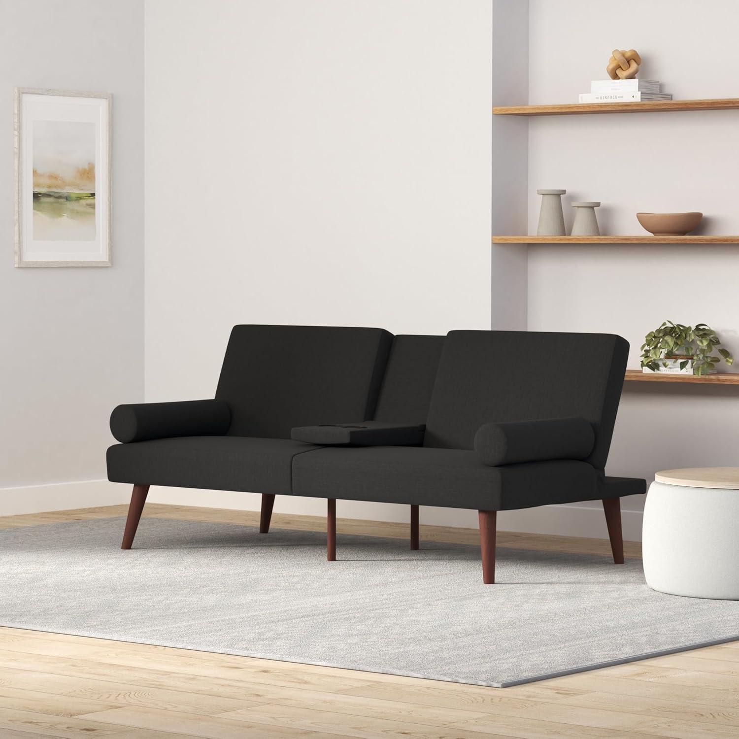 Best Choice Products Fabric Upholstered Convertible Futon w/ Rounded Armrests, Wooden Legs, 2 Cupholders - Black