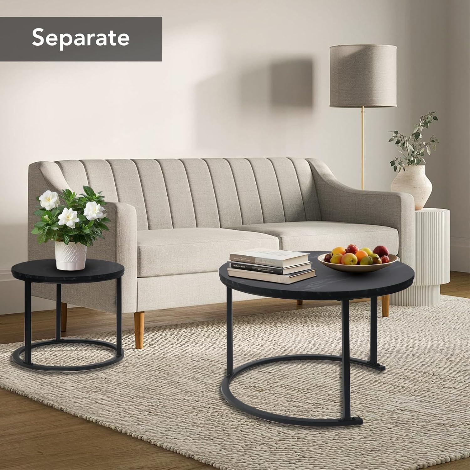 Yesfashion Nesting Coffee Table Set Of 2, 27.6" Round Coffee Table Wood Top With Sturdy Metal Frame, End Table Side Tables For Living Room Bedroom Balcony Yard