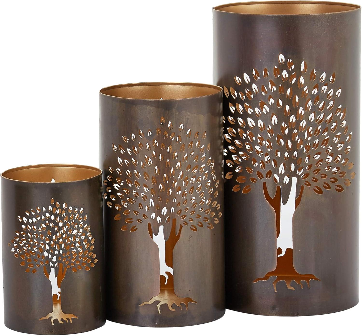 DecMode 3 Holder Copper Metal Tree Decorative Candle Lantern, Set of 3