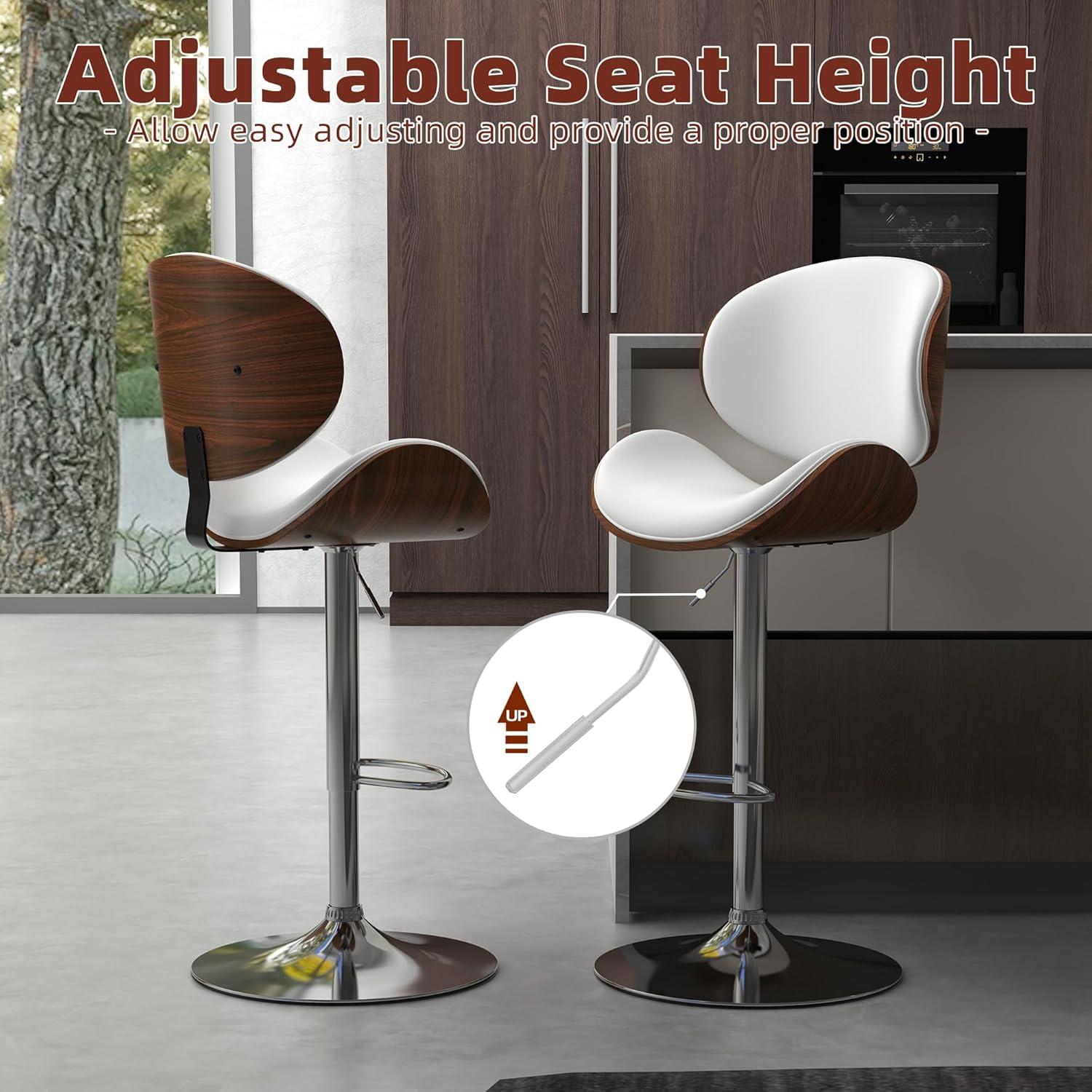 civama Bar Stools Set of 2 for Kitchen Counter, Adjustable Bar Height Chairs, Modern Swivel Barstools with Bentwood Seat and Back with Footrest, for Kitchen Island, Dining Room, White PU Leather