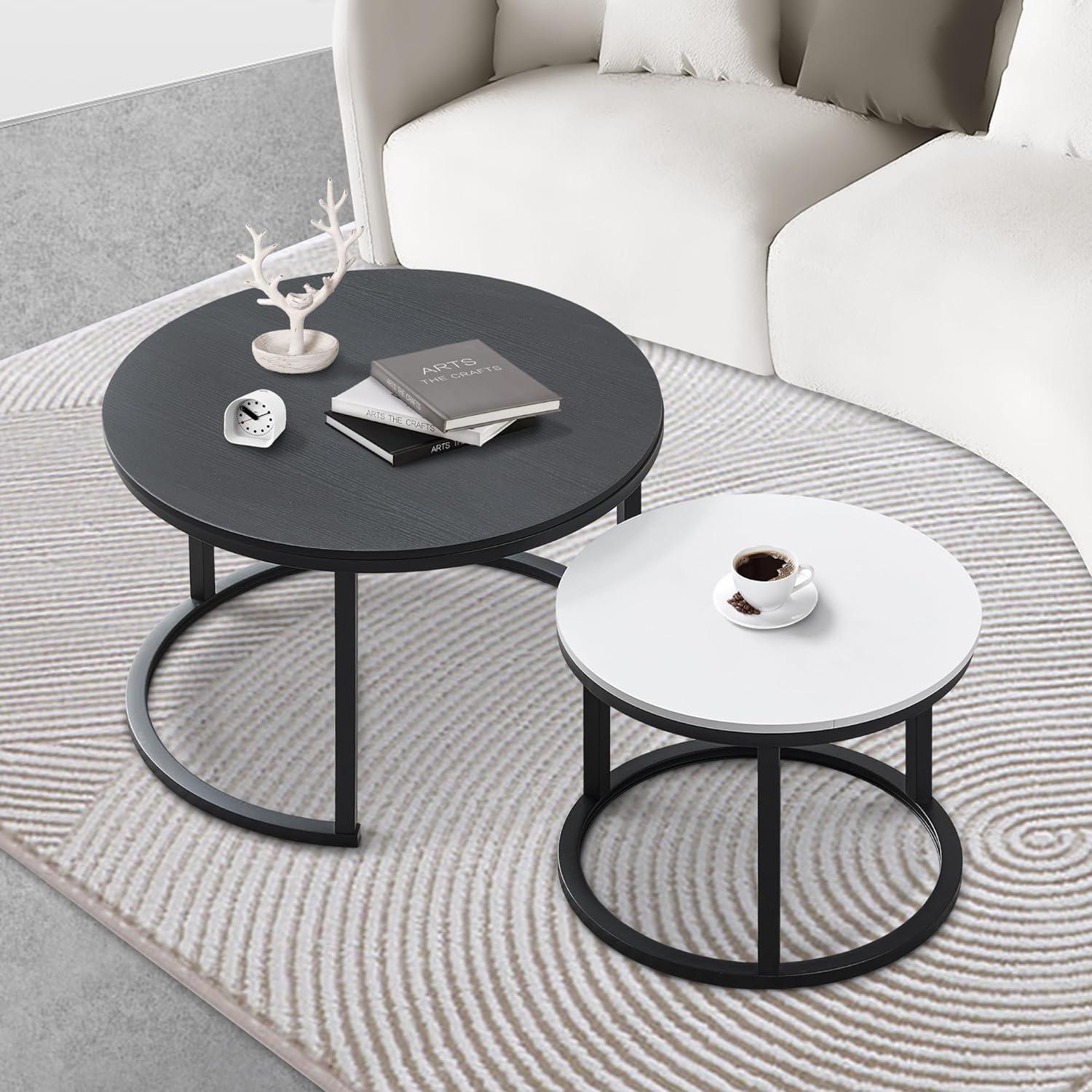 DEXTRUS Round Nesting Coffee Table Set of 2, Snack End Table with Metal Frame for Living Room, White & Black