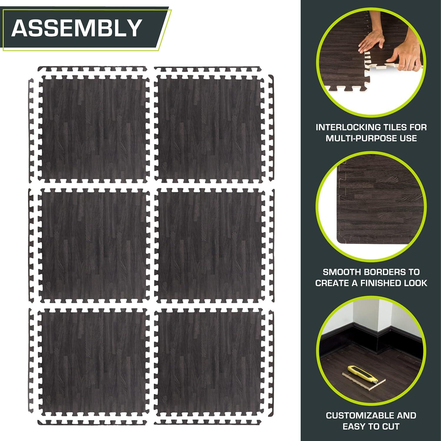 ProsourceFit Wood Grain Puzzle Mat 1/2-in, Carbon Black, 24 Sq Ft - 6 Tiles