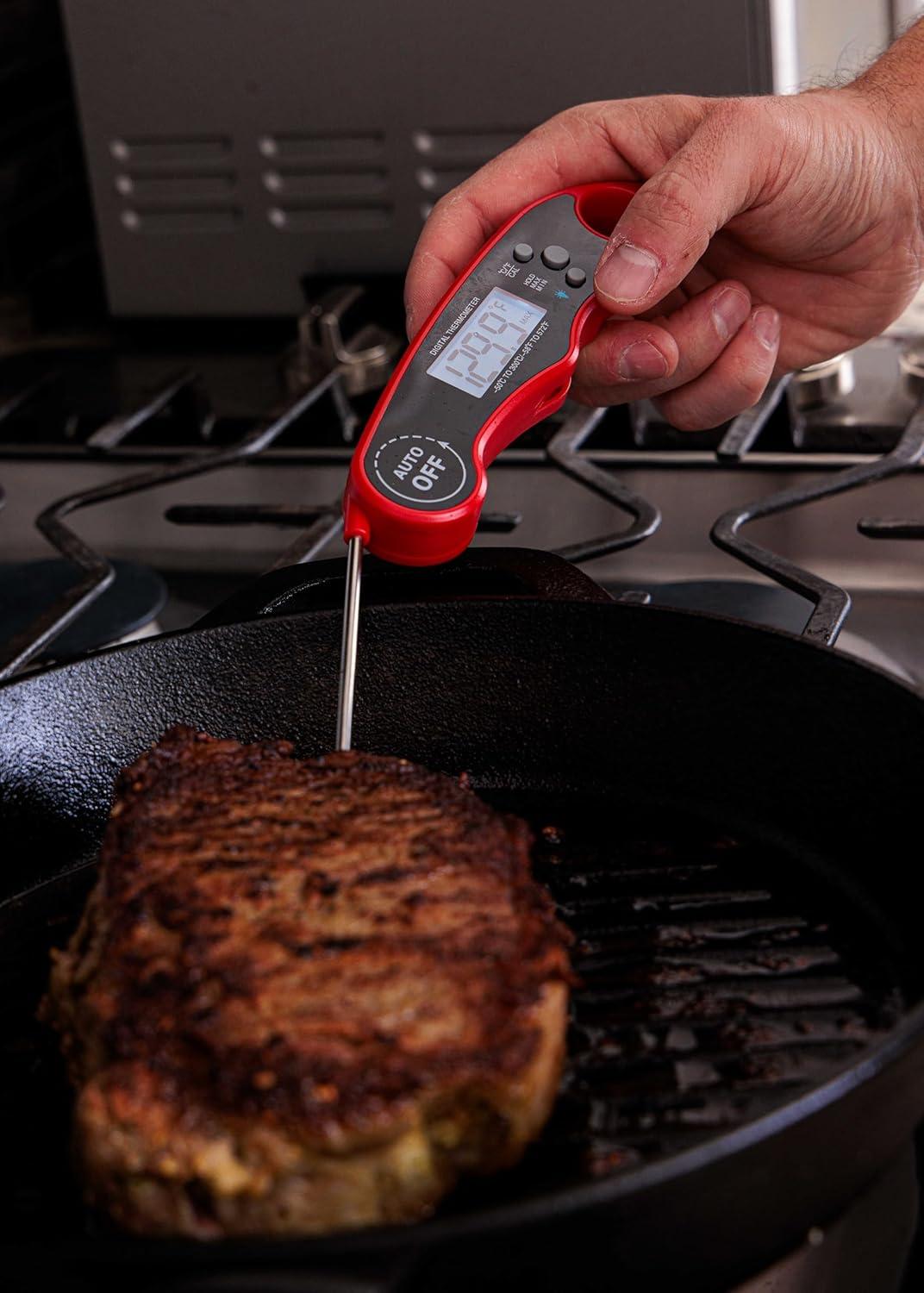 Digital Meat Thermometer for Grill/Cooking Fast Instant Read Waterproof Magnetic Probe Thermometer w/Backlight and Display for Kitchen, BBQ, Frying, etc. Chicken, Steak,or Burgers, Red