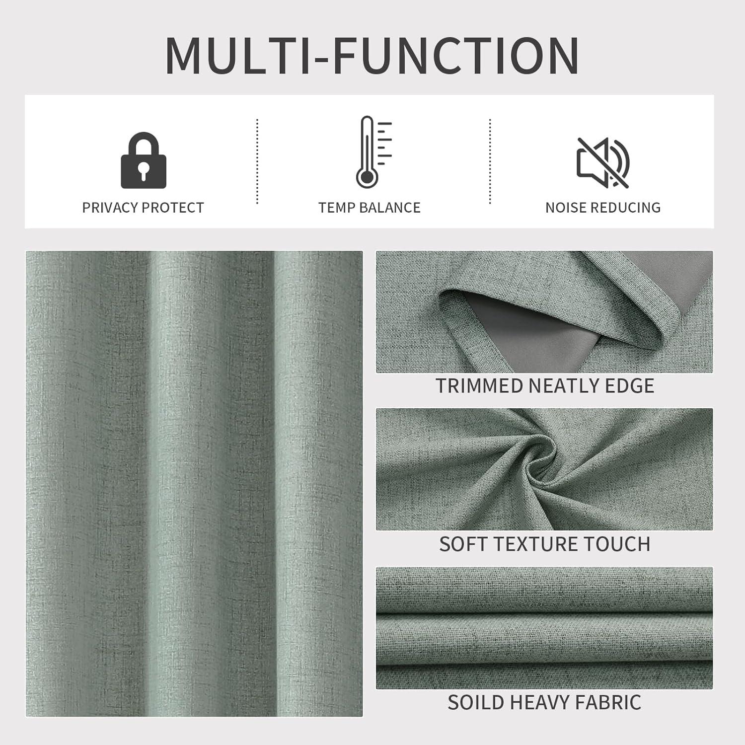 COSVIYA 100% Blackout Sage Green Linen Curtains & Drapes 84 Inch Length 2 Panels Set, Full Room Darkening Grommet Insulated Thermal Window Panels for Bedroom/Living Room,52x84 inches