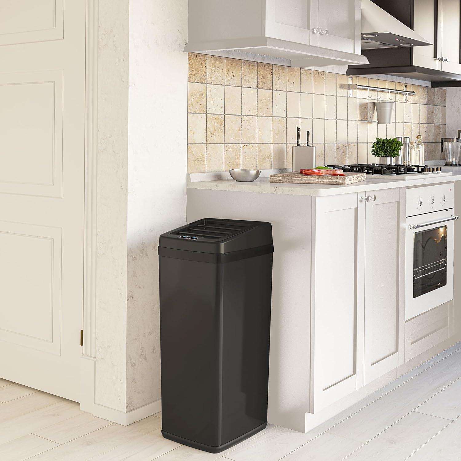 iTouchless Sliding Lid Sensor Kitchen Trash Can with AbsorbX Odor Filter 14 Gallon Black Stainless Steel