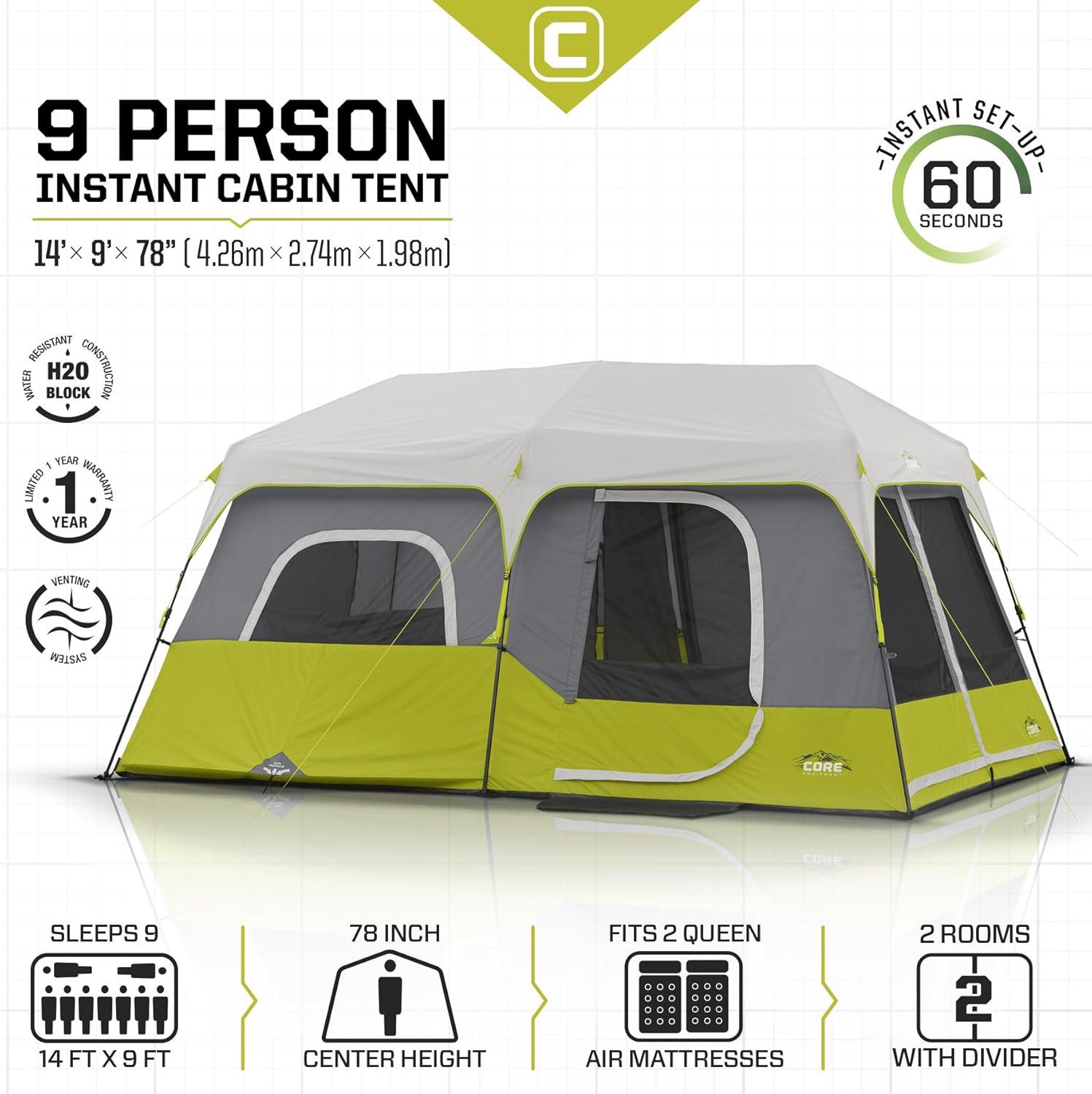 Green 9-Person Four Season Cabin Tent with Carry Bag