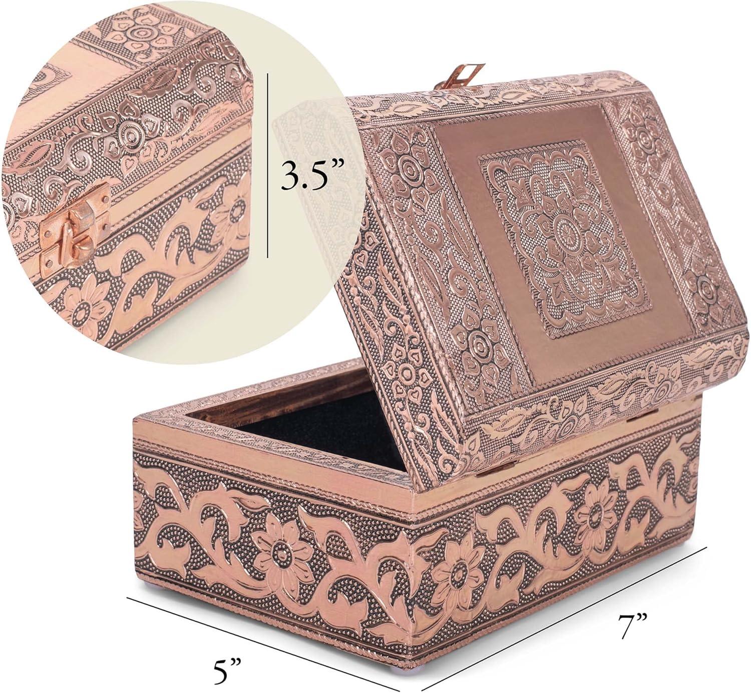 Cottage Garden Moroccan Copper Tone Metal Stamped Round Top Trunk Keepsake Box