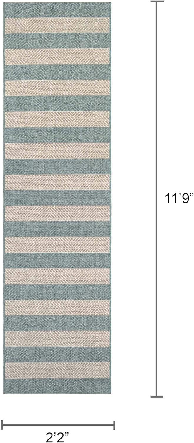 Couristan Afuera Yacht Club 2'2" x 7'10" Sea Mist Green and Ivory Stripe Outdoor Runner Rug