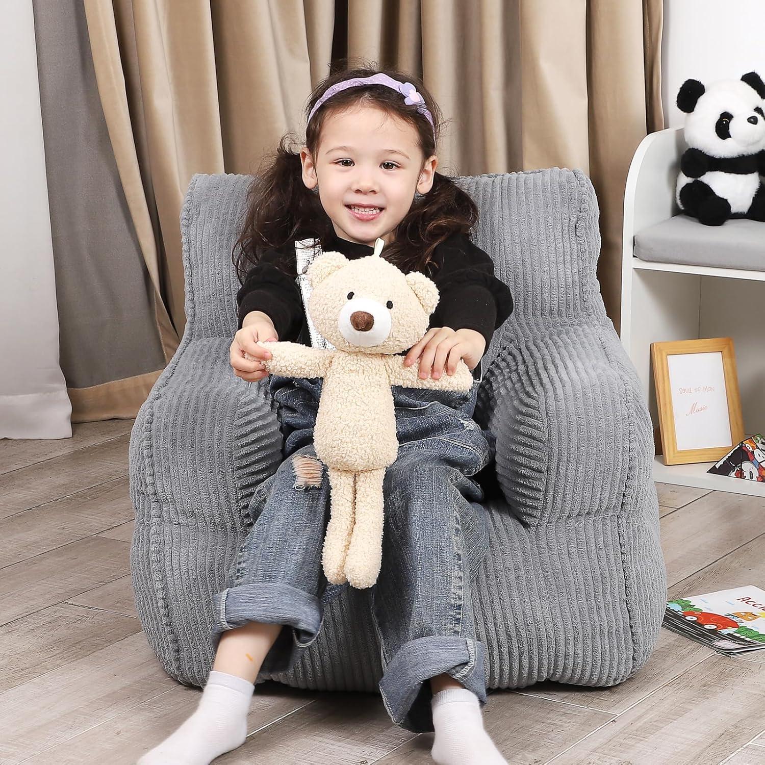 Grey Kids Bean Bag Chair with Plush Bear and Soft Fabric