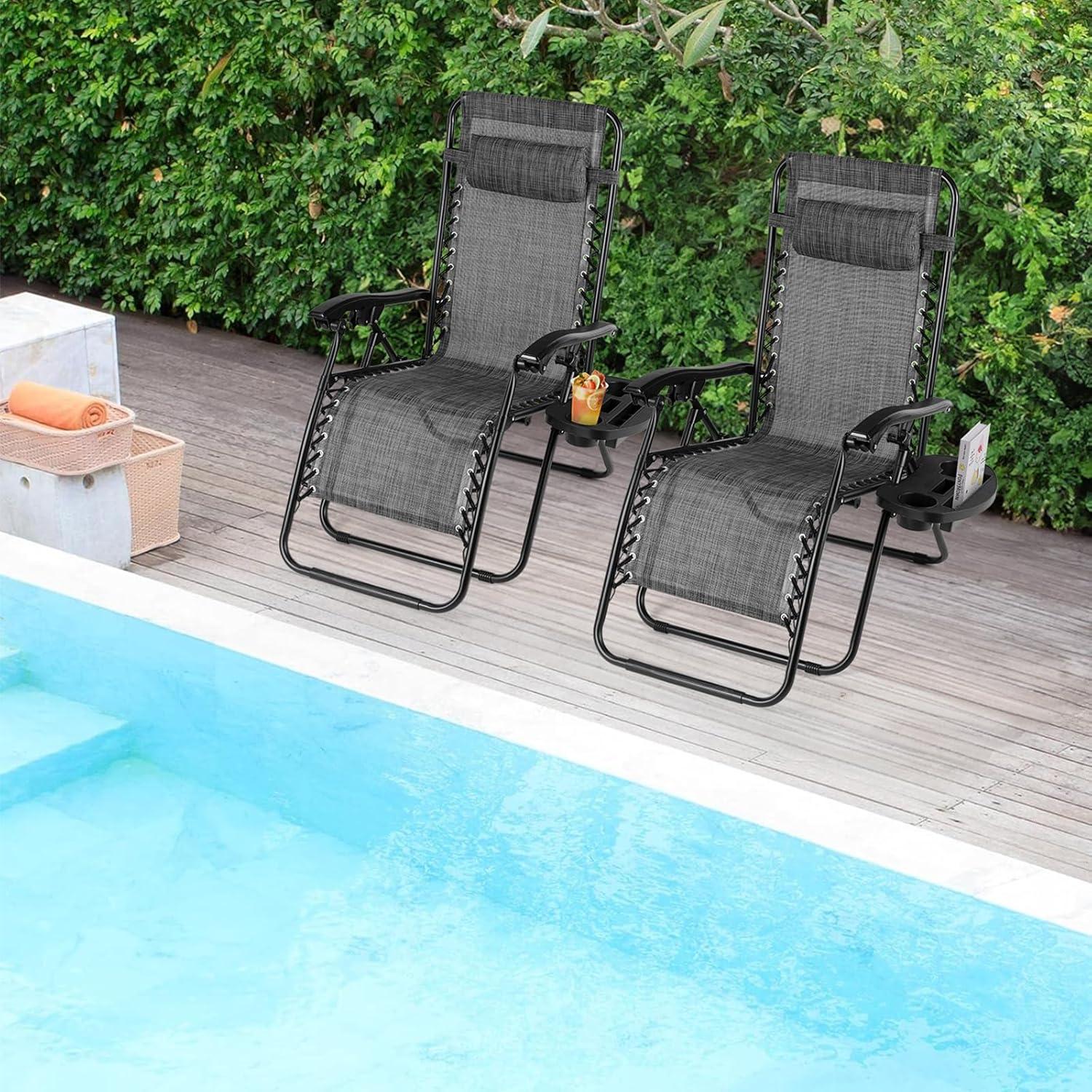 Arlmont & Co. Zero Gravity Chair Set of 2, Outdoor Folding Lounge W/Detachable Headrest & Holder Tray, Adjustable Textilene Lawn Reclining, No Assembly Required, for Patio, Backyard, Garden, Poolside,