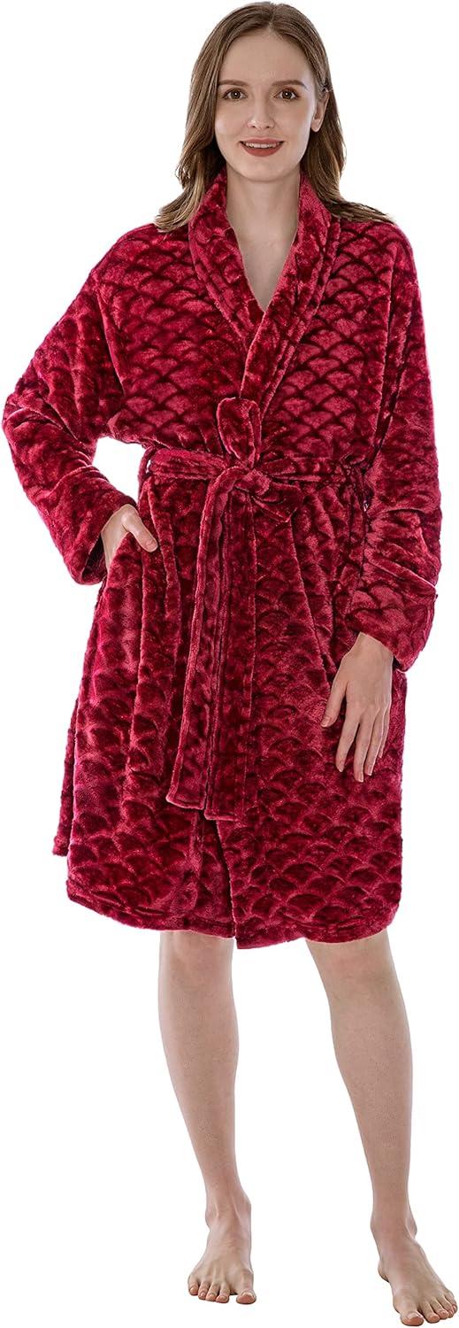 PAVILIA Short Robes for Women, Plush Soft Bathrobe Womens Lightweight, Fluffy Fuzzy Robe Knee Length, Shower Spa (Dark Red, Large-X-Large)