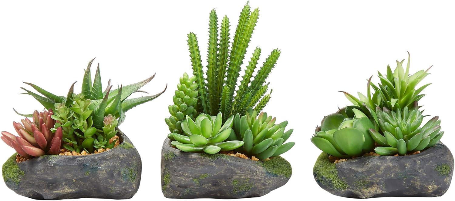 Rustic 3-Piece Faux Succulent Set in Stone Pots, UV-Protected Plastic