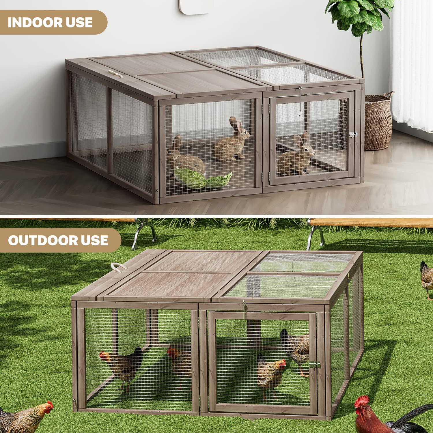 MoNiBloom Chicken Coop Rabbit Hutch, 45.5" Wooden Chicken Run Hen House Duck Coop, Outdoor Small Animal Poultry Cage with Openable Roof and Side Door (Grey)